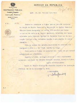 Ofício do presidente da Secção do Ensino Técnico do Conselho Superior de Instrução Pública, [Francisco José] Nobre Guedes, para António Lino Neto