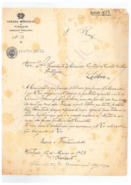 Ofício do presidente da Comissão Executiva da Câmara Municipal de Vinhais, Clemente da Ressurreição Morais, para o presidente da Comissão Central do Centro Católico Português