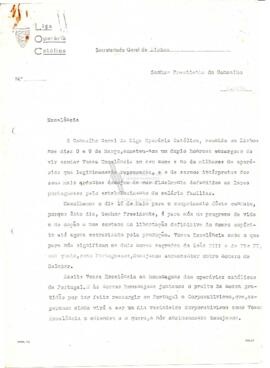 Carta da [Direção] da Liga Operária Católica para o presidente do Conselho [de Ministros, António de Oliveira Salazar]